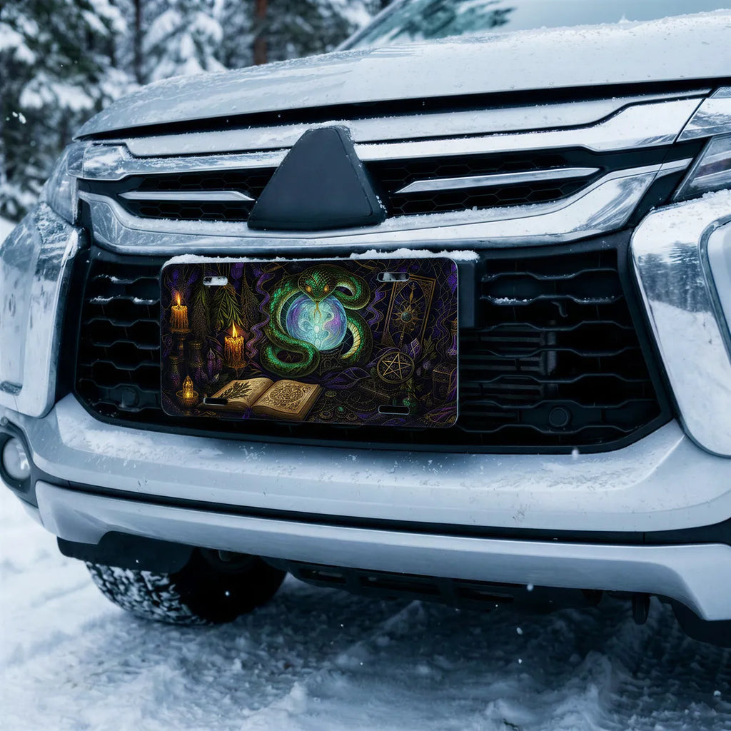 green serpent crystal ball vanity plate on car in snowy setting — jewel green serpent orb design