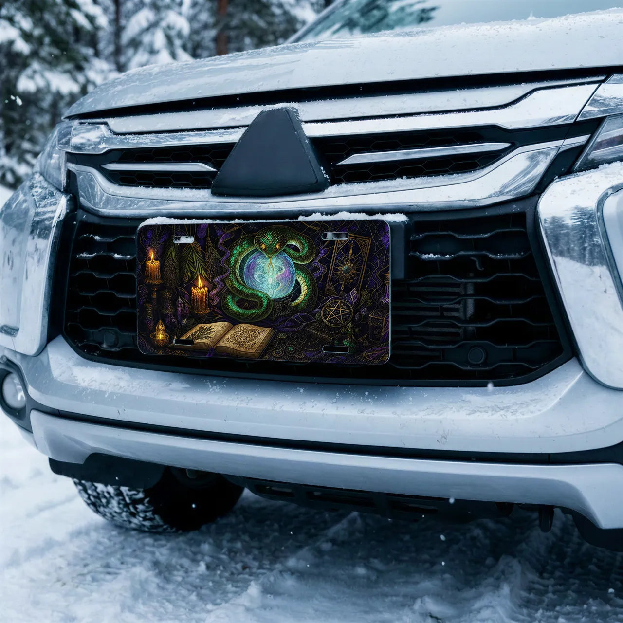 green serpent crystal ball vanity plate on car in snowy setting — jewel green serpent orb design