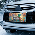 mallard duck vanity plate on car in snowy setting — emerald mallard autumn amber pond design