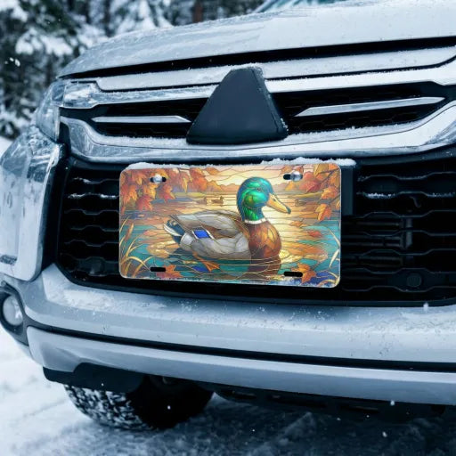 mallard duck vanity plate on car in snowy setting — emerald mallard autumn amber pond design