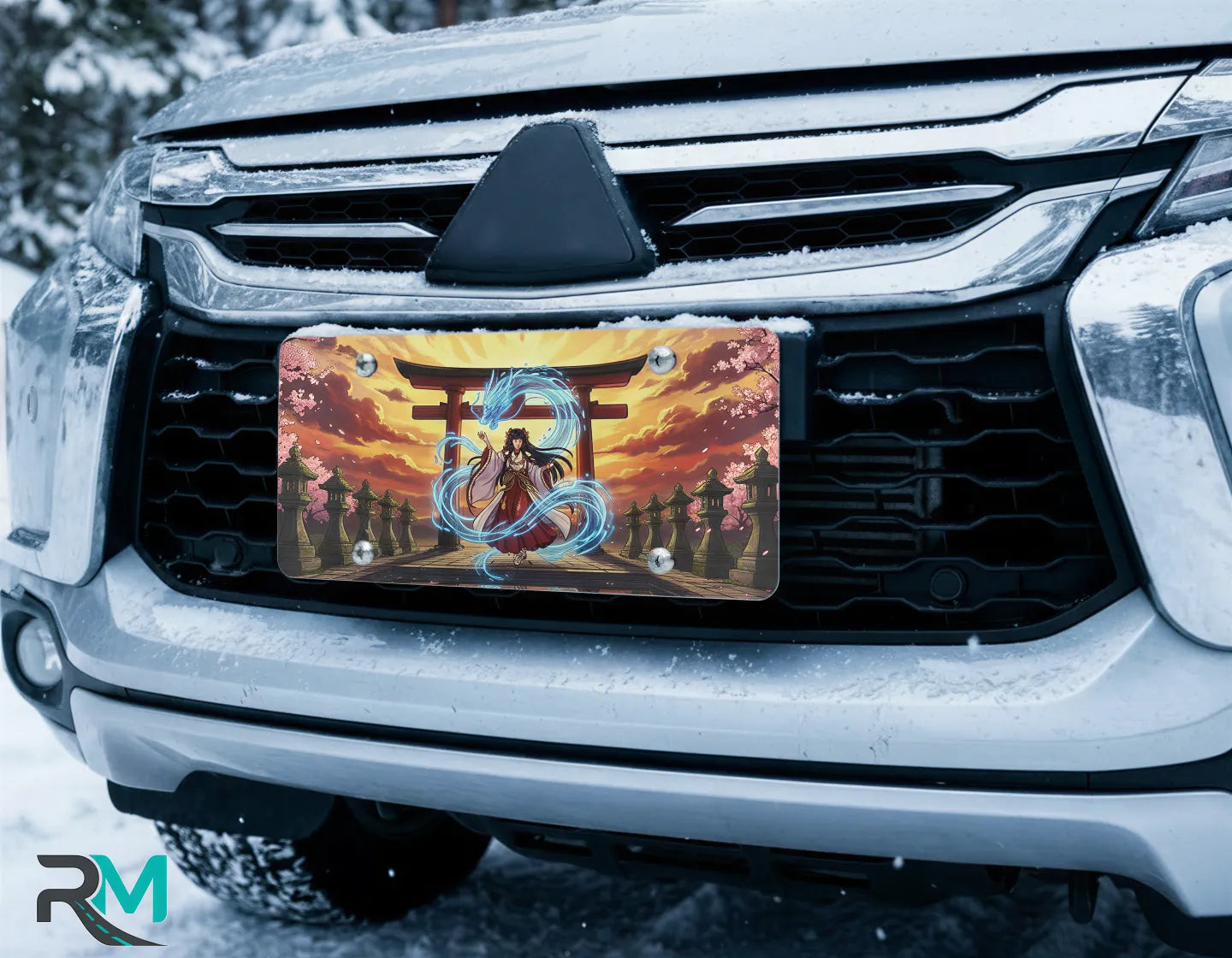 spirit shrine vanity plate on car in snowy setting — blazing sunset electric blue spirit torii design