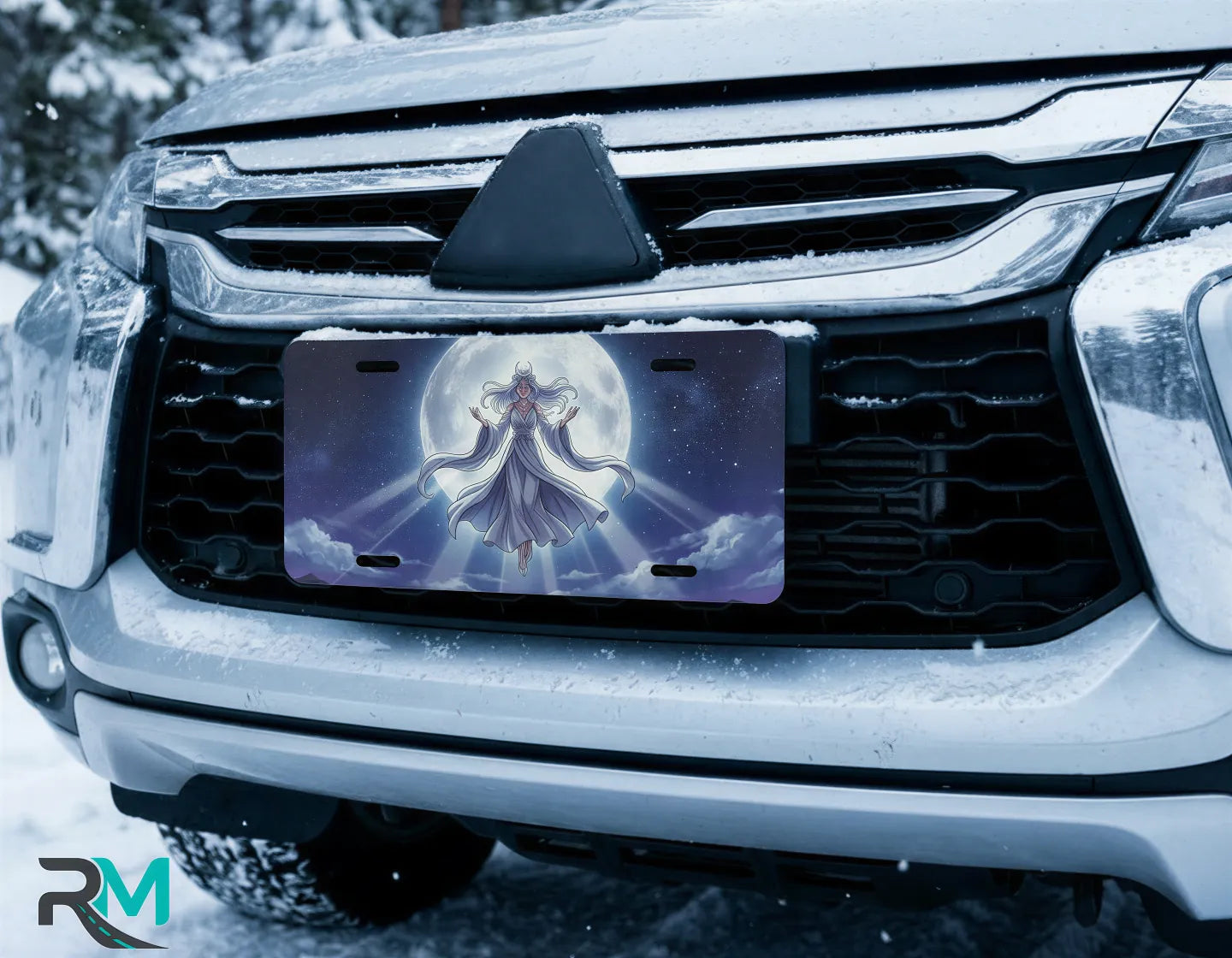 moonlit maiden vanity plate on car in snowy setting — soft indigo robed figure lunar cloud stars design