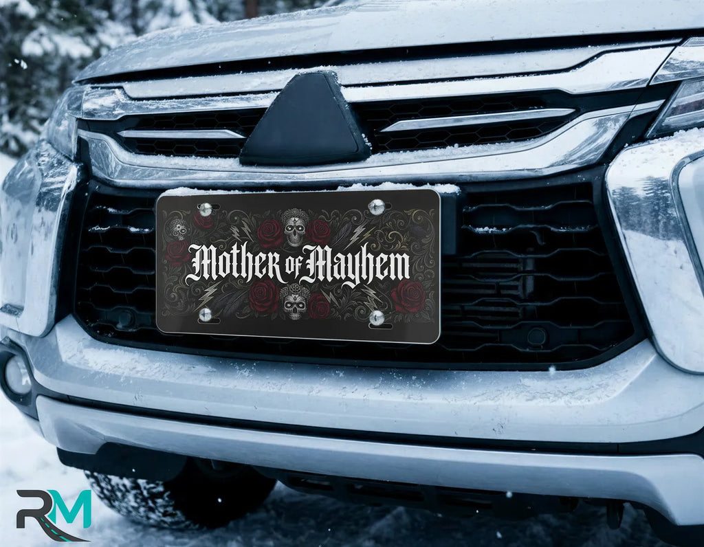 mother of mayhem license plate on car in snowy setting — gothic skull rose design