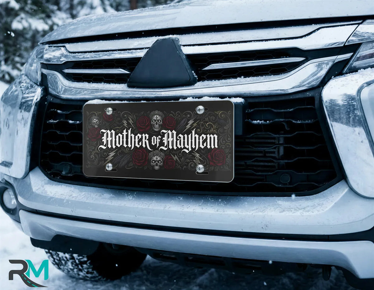 mother of mayhem license plate on car in snowy setting — gothic skull rose design