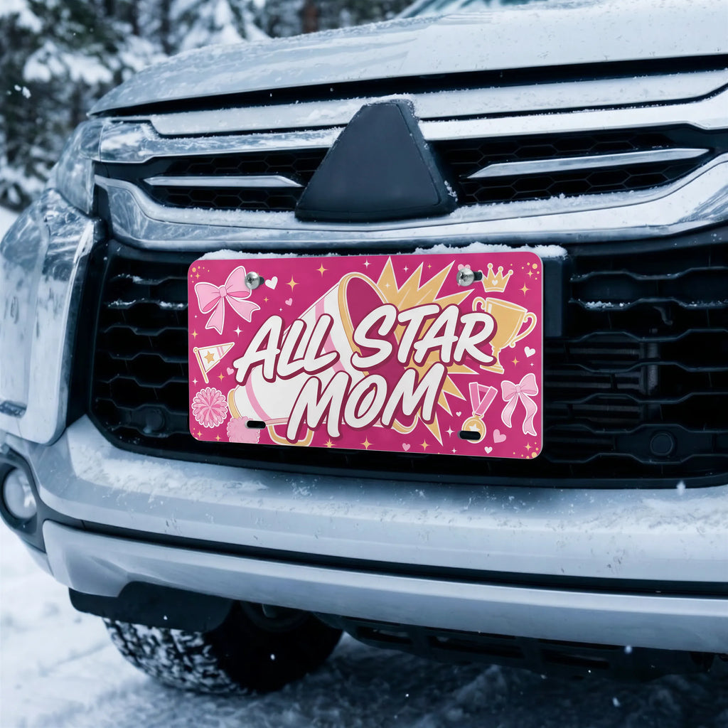 all star mom license plate on car in snowy setting — hot pink megaphone cheer design