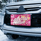 all star mom license plate on car in snowy setting — hot pink megaphone cheer design