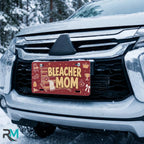 bleacher mom license plate on car in snowy setting — maroon folding chair coffee sports design