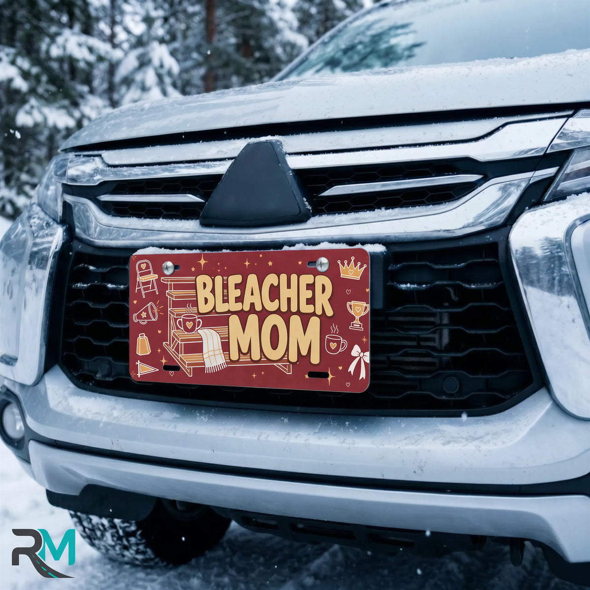 bleacher mom license plate on car in snowy setting — maroon folding chair coffee sports design
