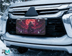 witch silhouette vanity plate on car in snowy setting — jewel purple witch blood-red moon bats design