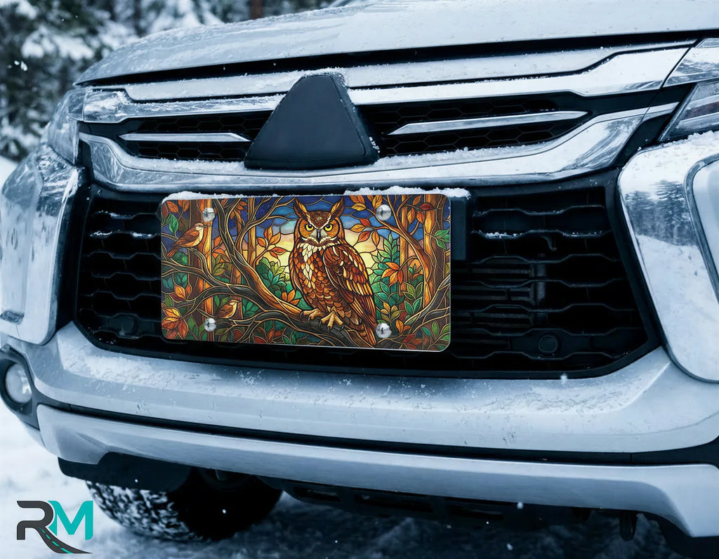 autumn owl license plate on car in snowy setting — stained glass amber green twilight design