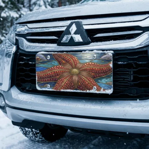 starfish moonlight vanity plate on car in snowy setting — deep blue silver starfish design
