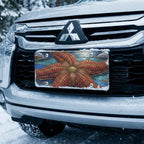 starfish moonlight vanity plate on car in snowy setting — deep blue silver starfish design