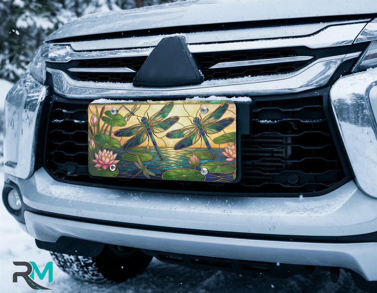dragonfly license plate on car in snowy setting — jewel-tone teal violet pond design