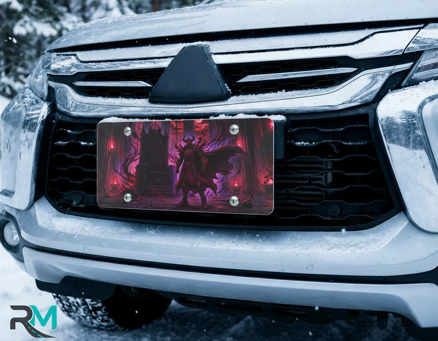 dark demon lord vanity plate on car in snowy setting — deep crimson violet demon lord throne design