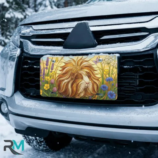 guinea pig meadow vanity plate on car in snowy setting — fluffy guinea pig wildflower design
