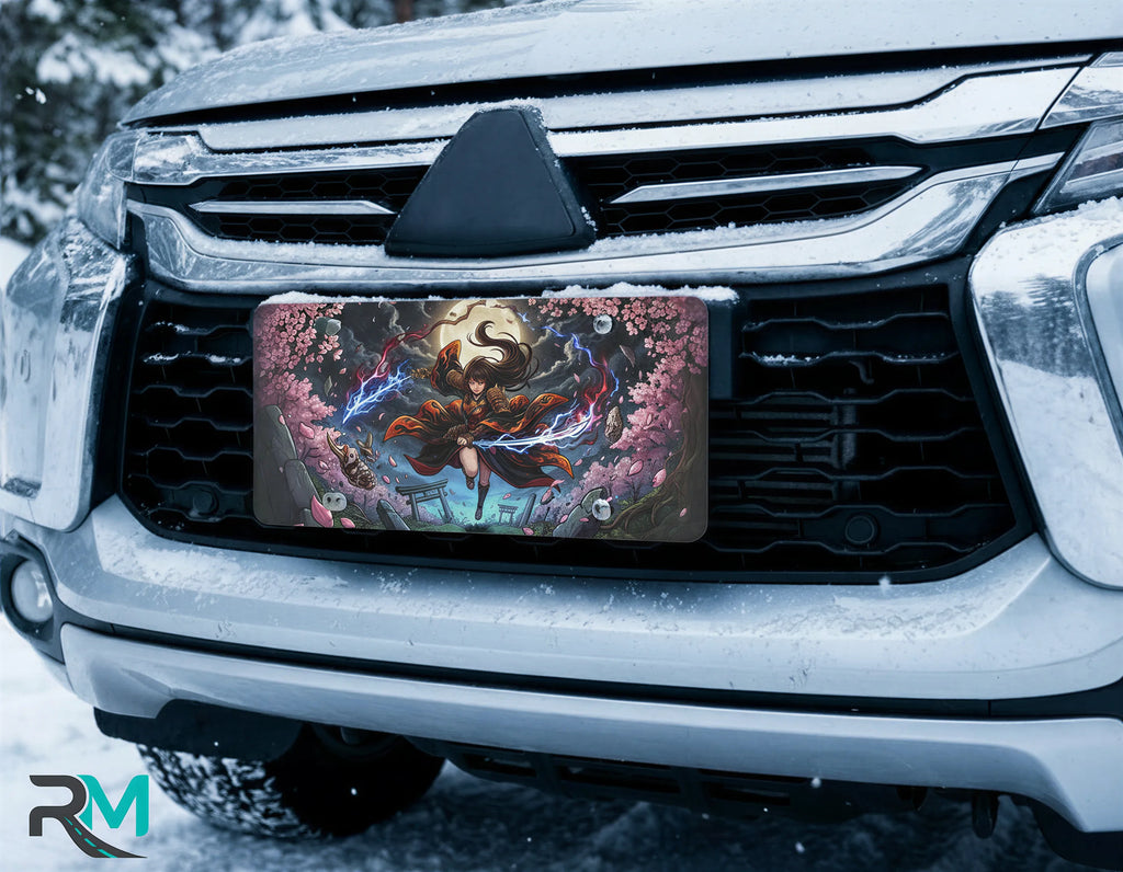 moonlit duel samurai girl vanity plate on car in snowy setting — electric blue arcane heroine sakura design