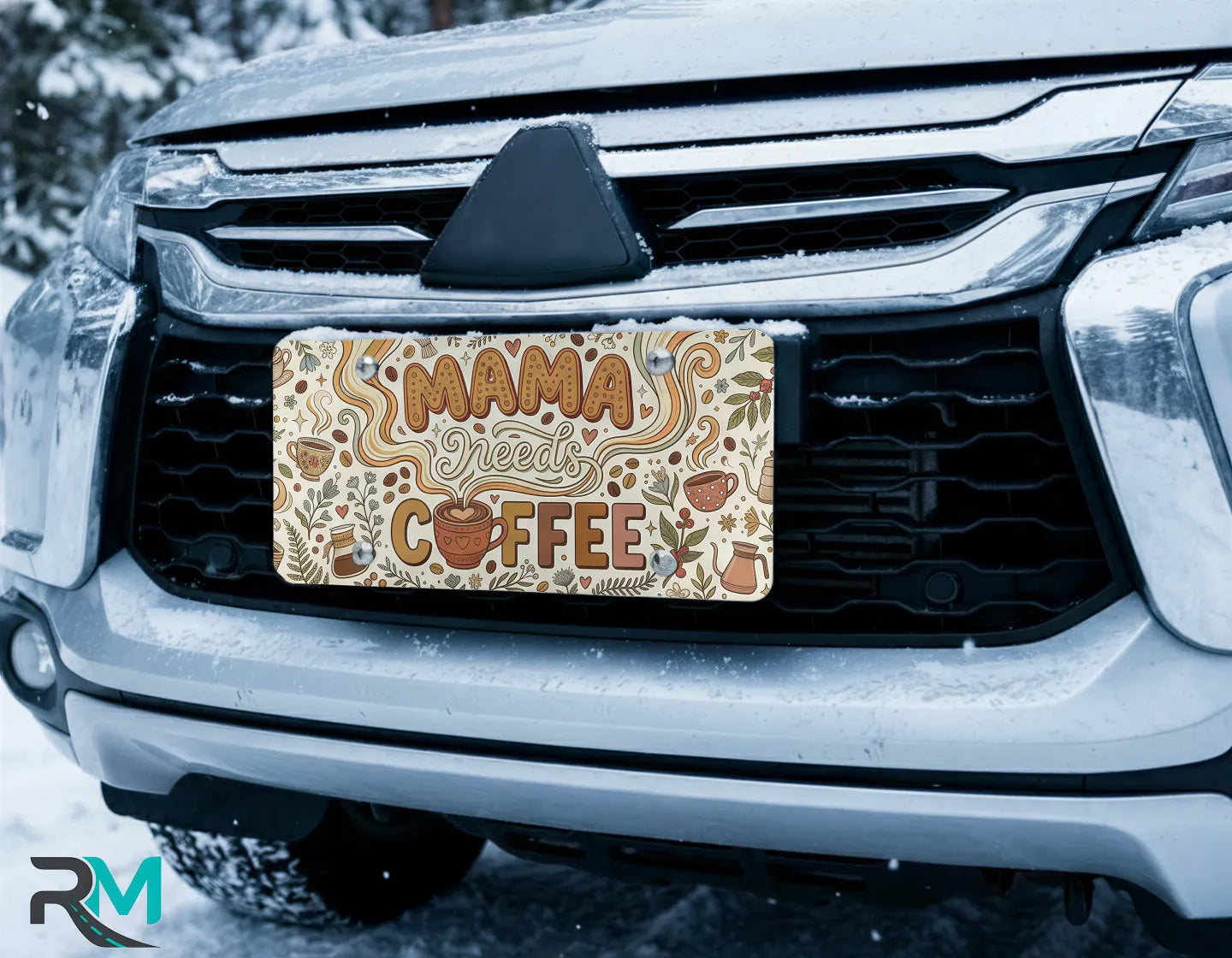 mama needs coffee license plate on car in snowy setting — warm brown cream coffee design