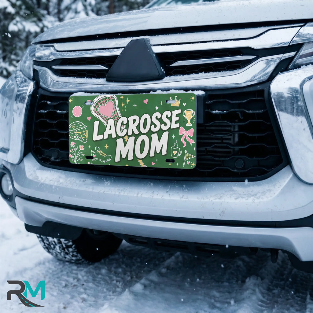 lacrosse mom license plate on car in snowy setting — green pink lacrosse sports design