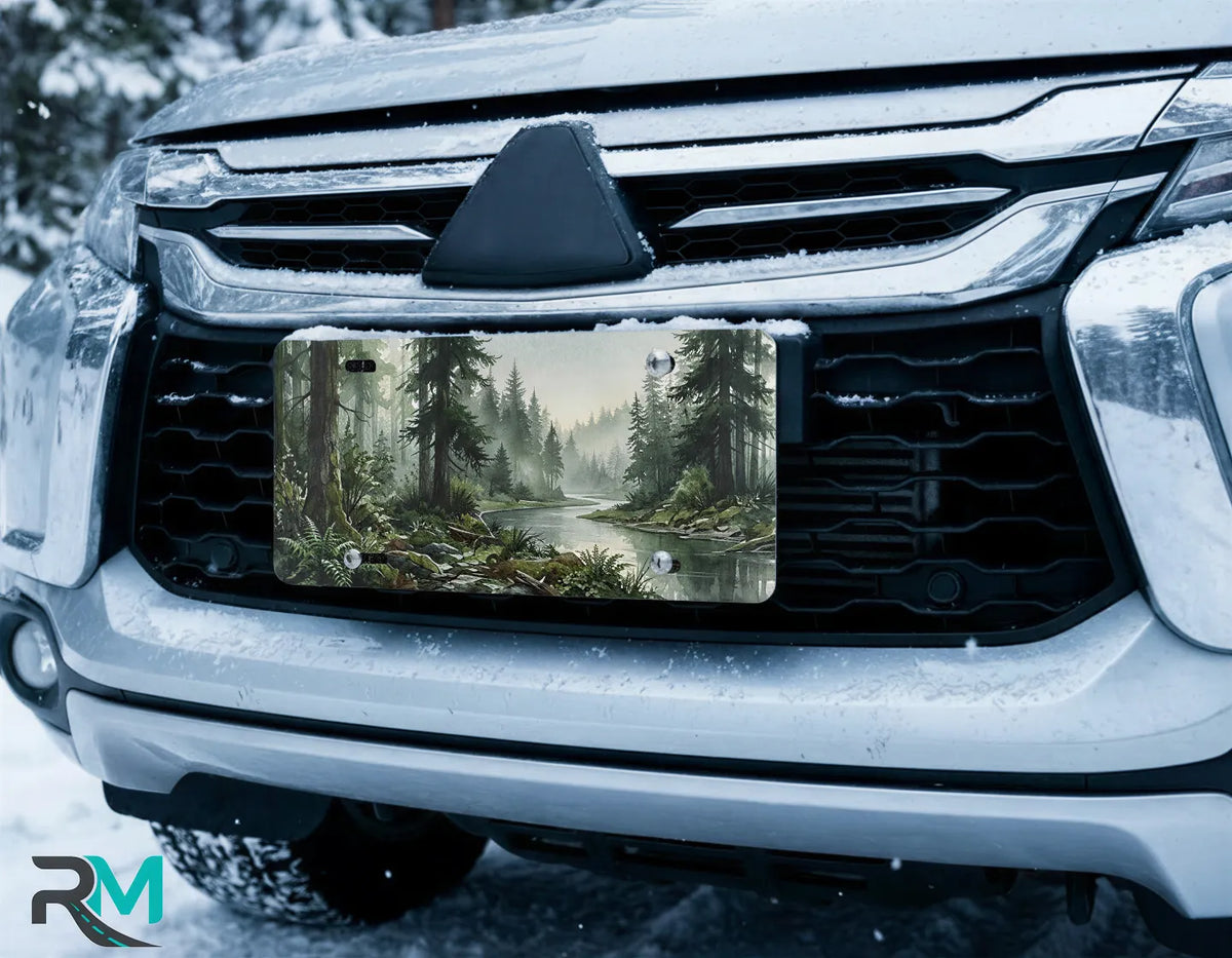 scenic forest license plate on car in snowy setting — misty river fir trees watercolor design