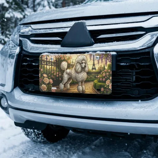 poodle Paris vanity plate on car in snowy setting — Eiffel Tower rose wisteria poodle design