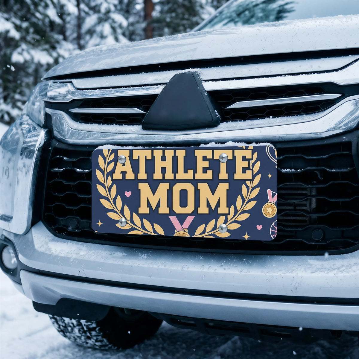 athlete mom license plate on car in snowy setting — navy gold laurel soccer sports design