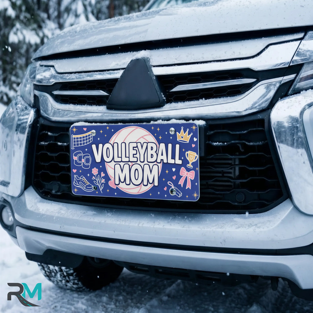 volleyball mom license plate on car in snowy setting — navy pink volleyball sports design