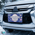 volleyball mom license plate on car in snowy setting — navy pink volleyball sports design