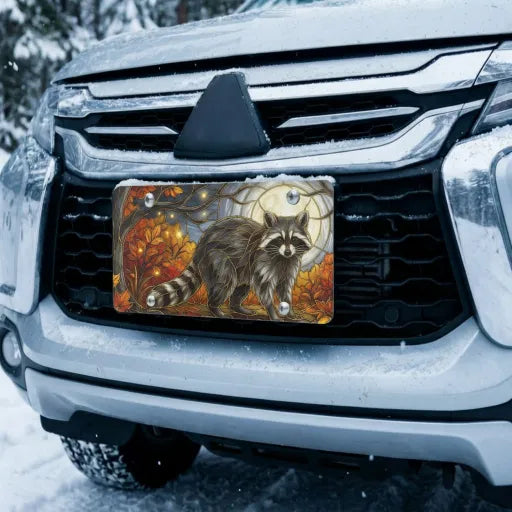 moonlit raccoon vanity plate on car in snowy setting — warm amber rust autumn raccoon design
