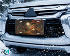 woodland tanuki moonlit forest vanity plate on car in snowy setting — smiling tanuki moonlit autumn path design