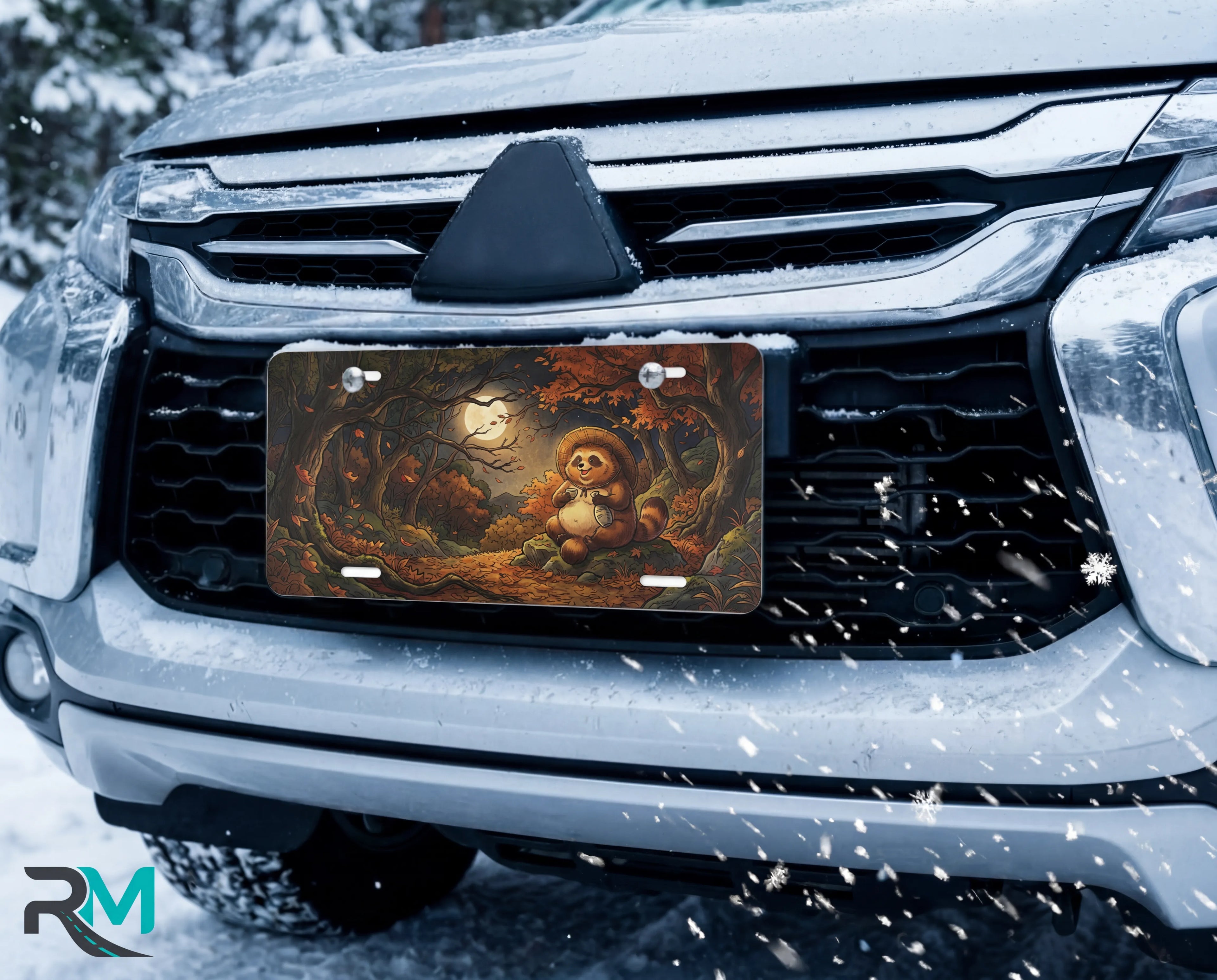 woodland tanuki moonlit forest vanity plate on car in snowy setting — smiling tanuki moonlit autumn path design