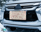 floral bear mom cub license plate on car in snowy setting — blush rose nursery design