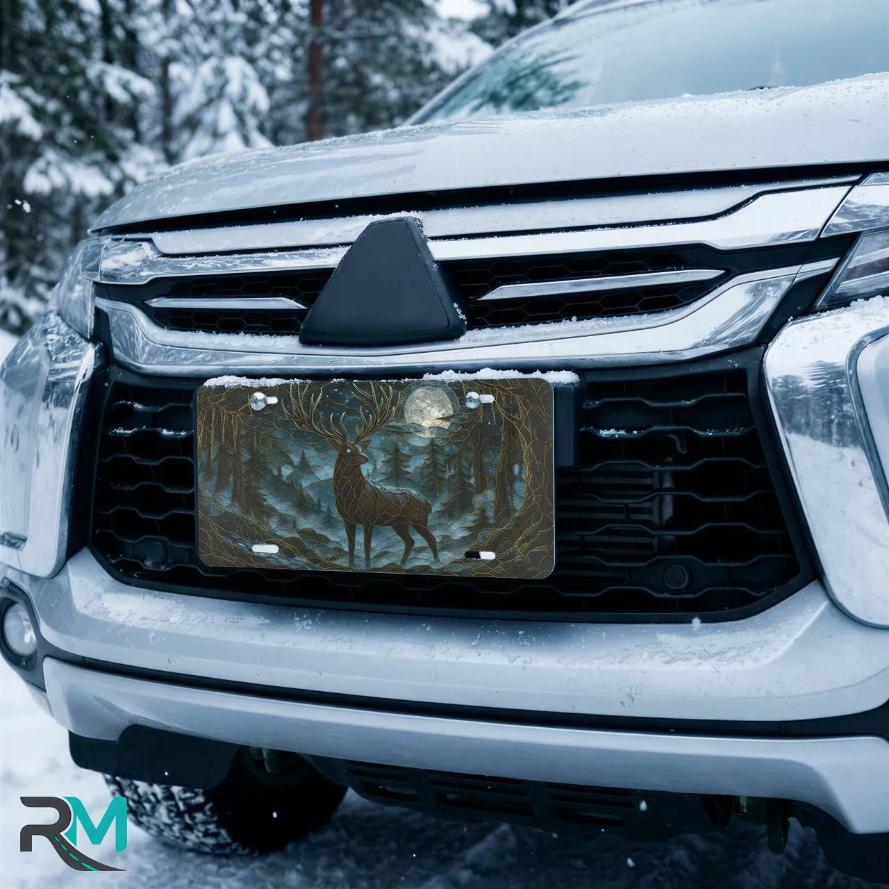 moonlit stag vanity plate on car in snowy setting — deep teal ink blue stag forest night design