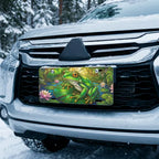 green tree frog vanity plate on car in snowy setting — jewel green frog lily pad design
