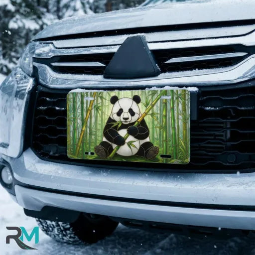 panda bamboo vanity plate on car in snowy setting — soft green panda bamboo design