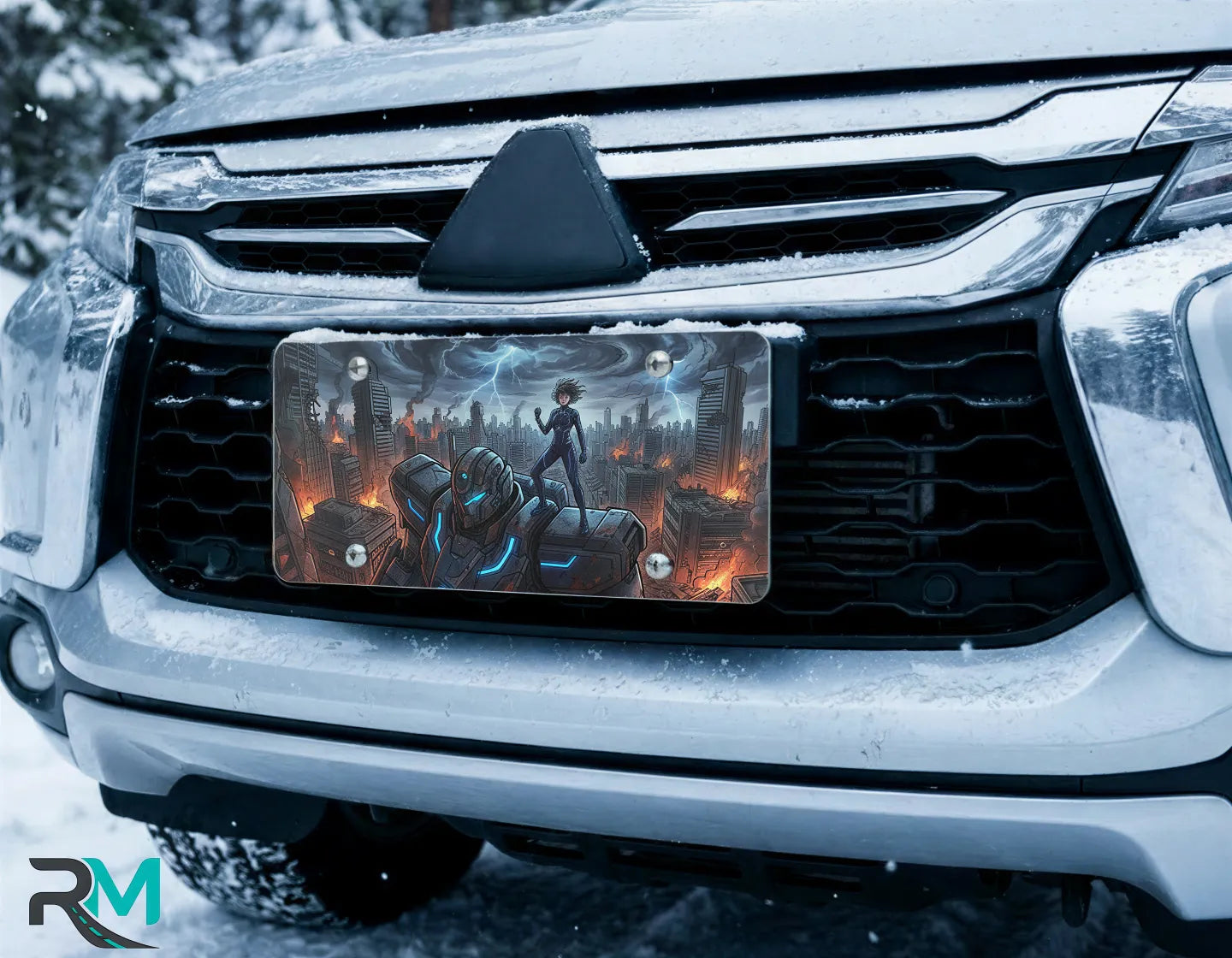 cyberpunk mech vanity plate on car in snowy setting — electric blue armored mech burning city design