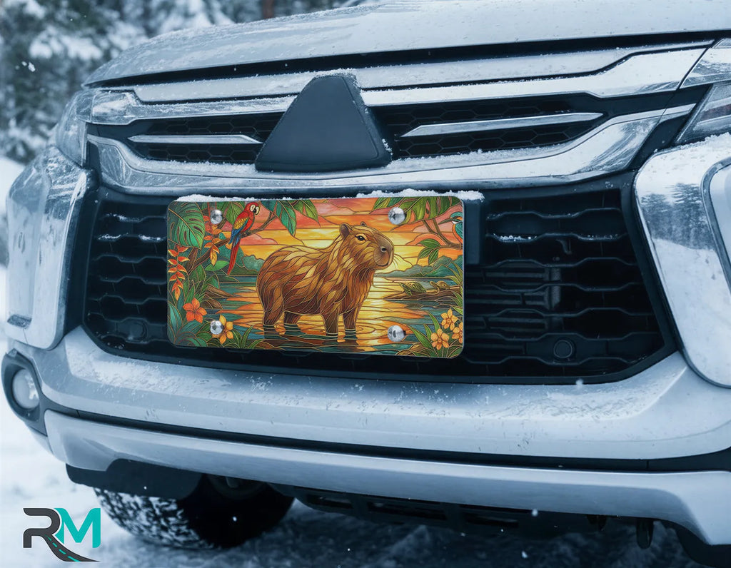 capybara sunset vanity plate on car in snowy setting — golden capybara tropical parrot design