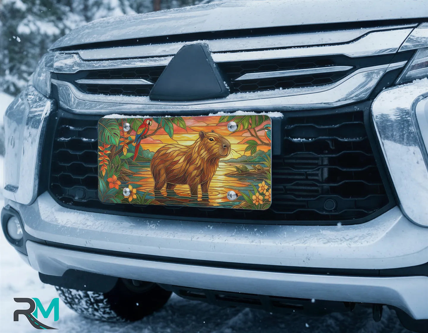 capybara sunset vanity plate on car in snowy setting — golden capybara tropical parrot design