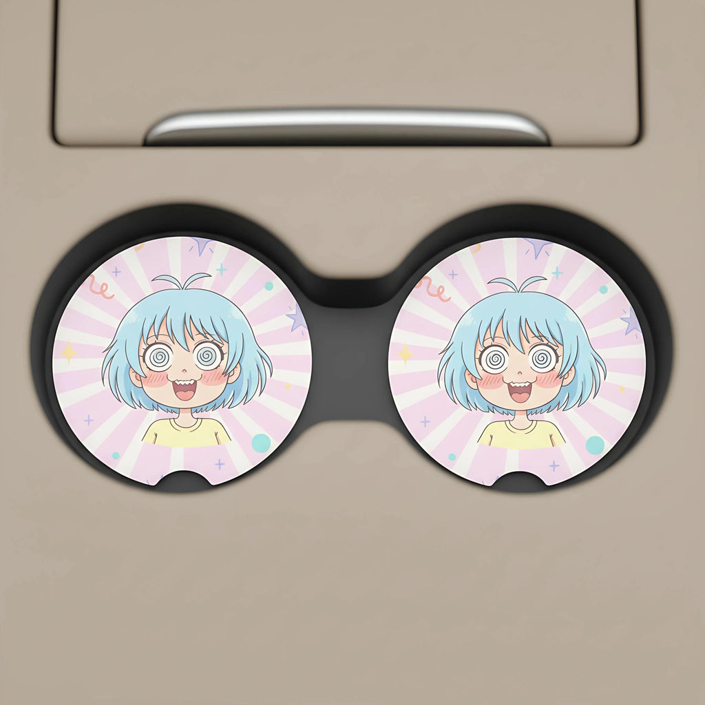 Spiraled Eyes Anime Girl Car Coasters Set - Road Muse