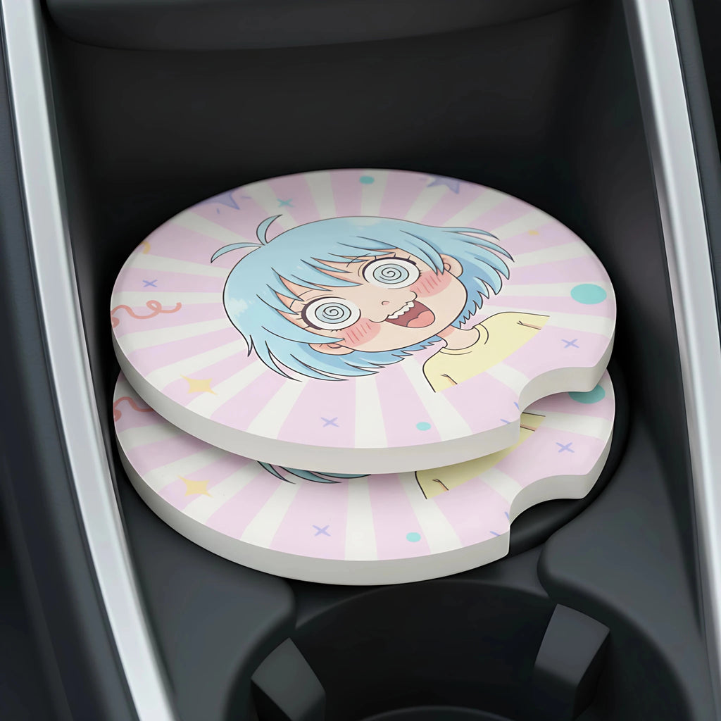 Spiraled Eyes Anime Girl Car Coasters Set - Road Muse