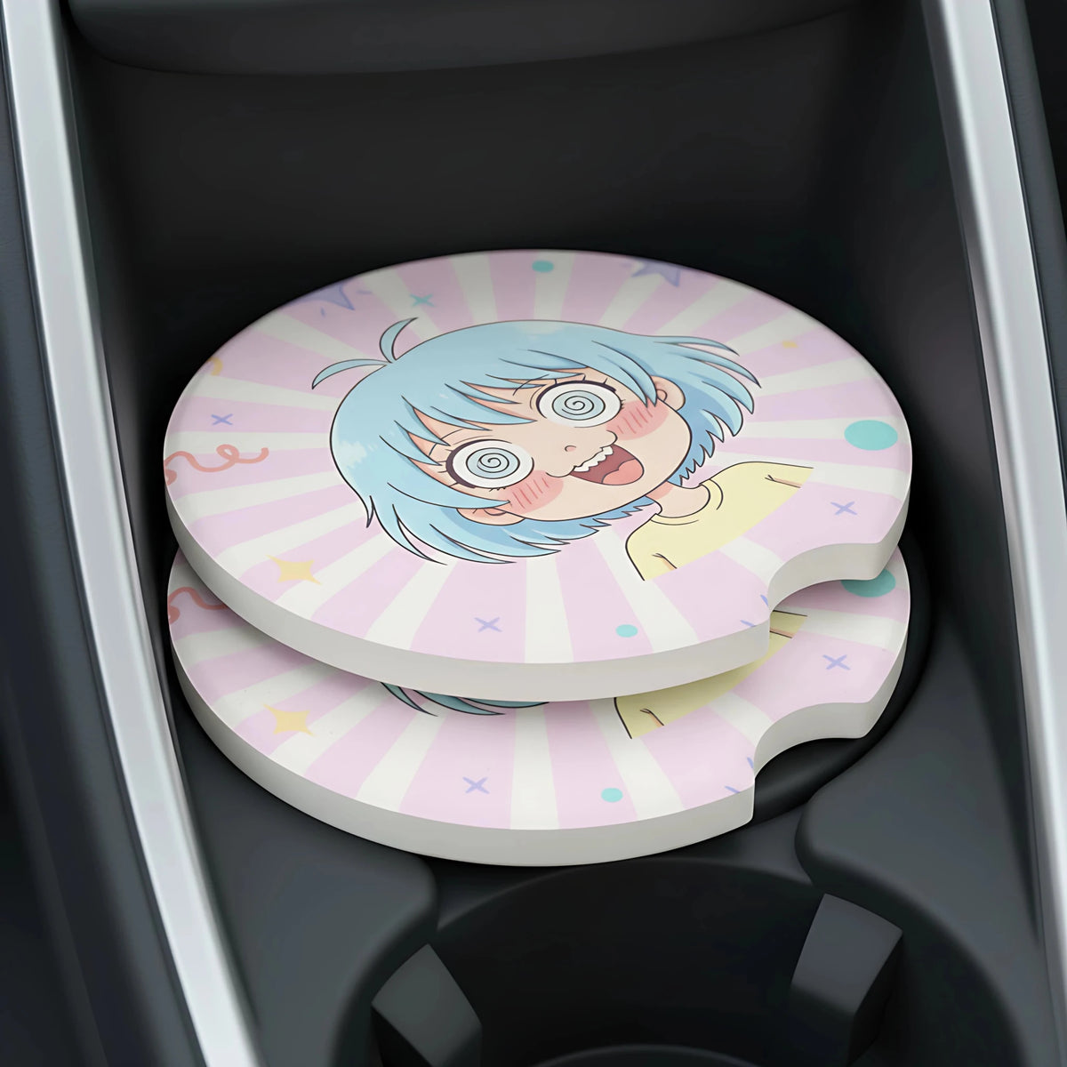 Spiraled Eyes Anime Girl Car Coasters Set - Road Muse