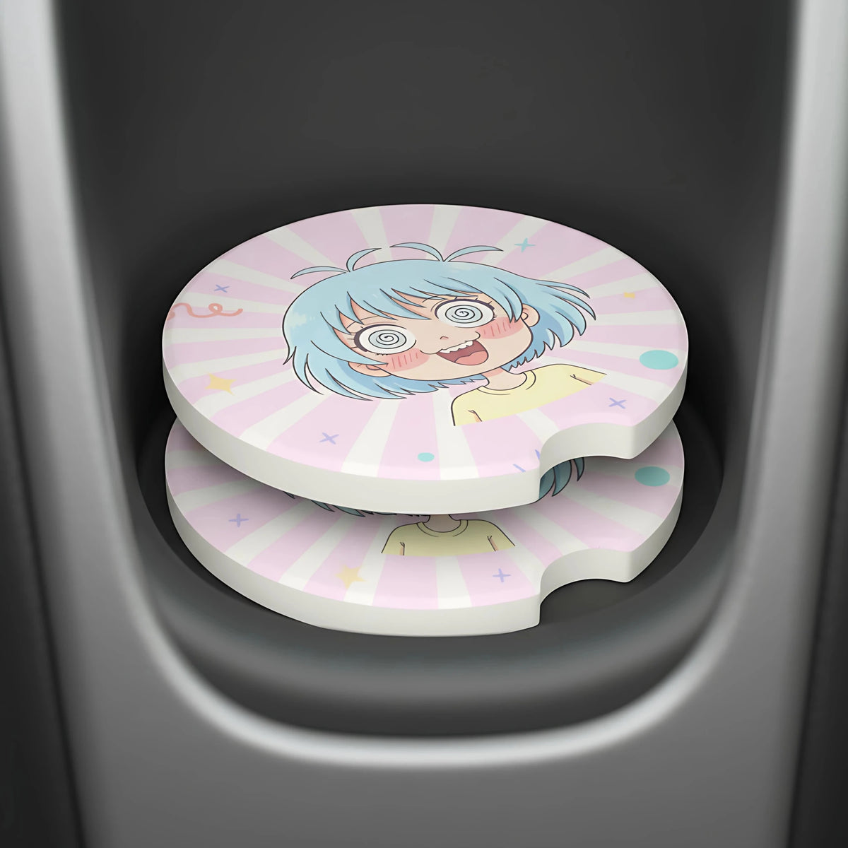 Spiraled Eyes Anime Girl Car Coasters Set - Road Muse