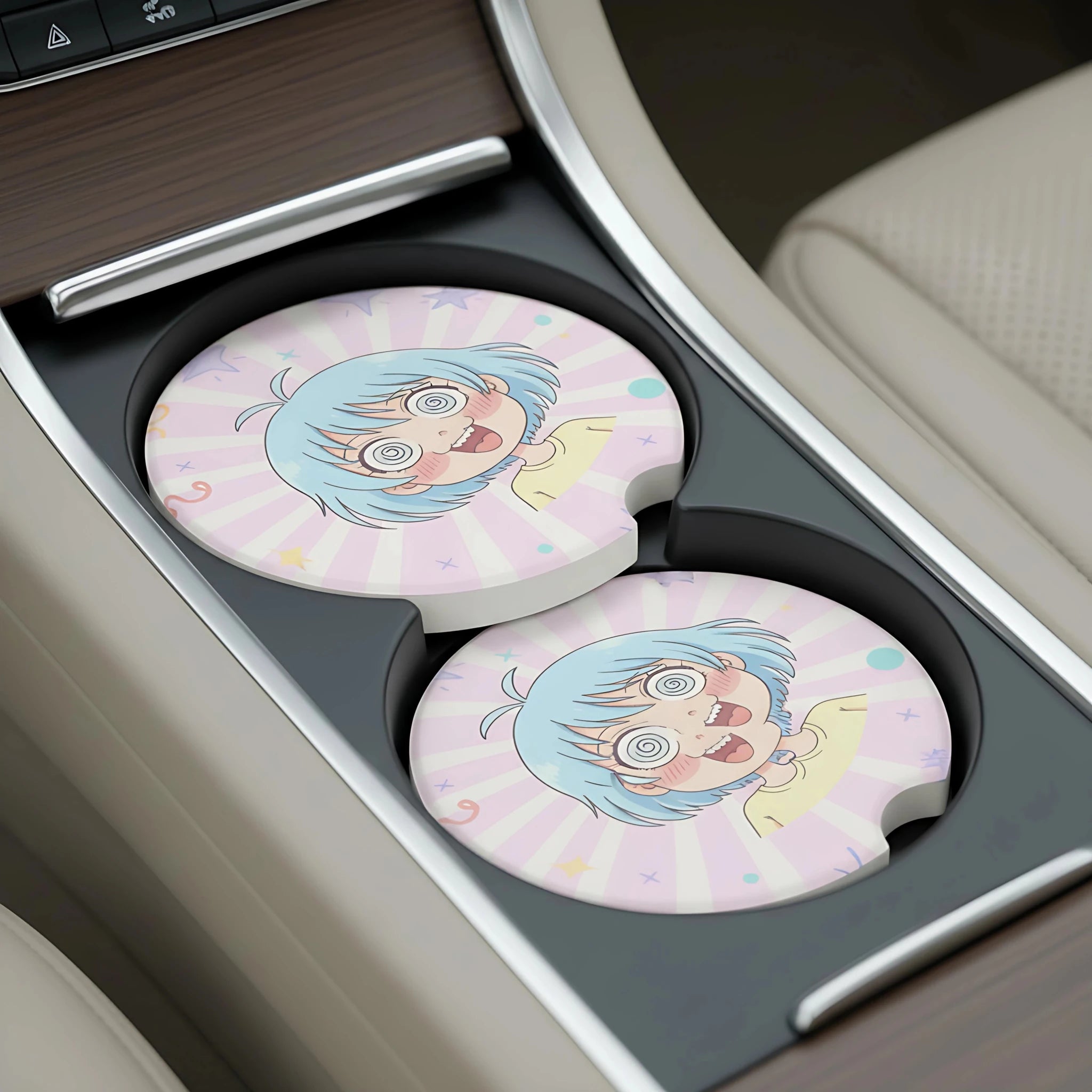 Spiraled Eyes Anime Girl Car Coasters Set - Road Muse