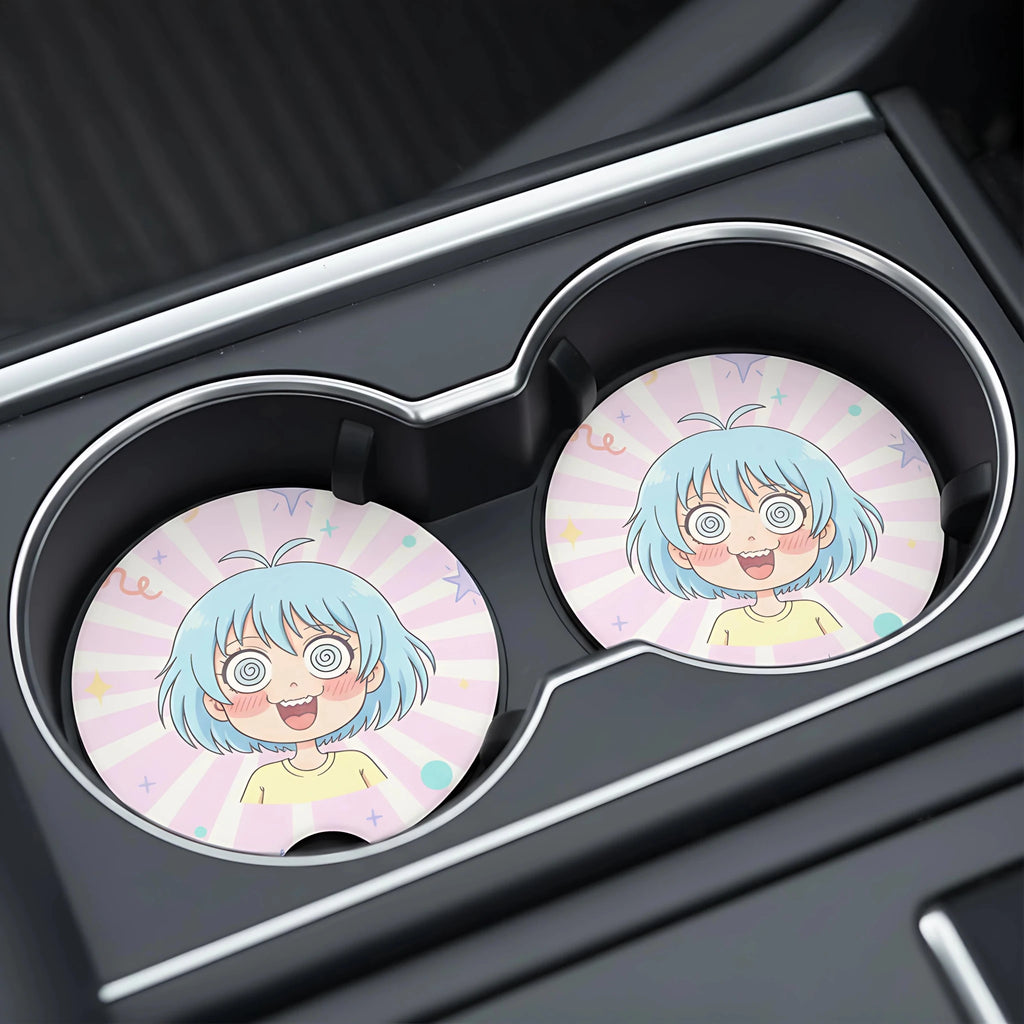 Spiraled Eyes Anime Girl Car Coasters Set - Road Muse