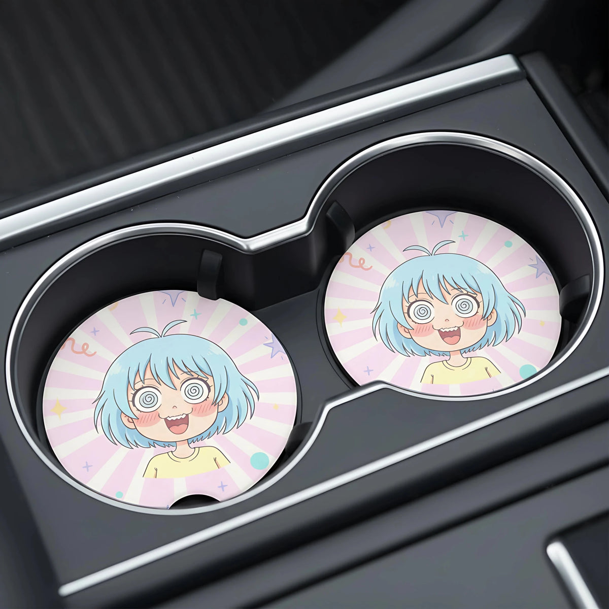 Spiraled Eyes Anime Girl Car Coasters Set - Road Muse