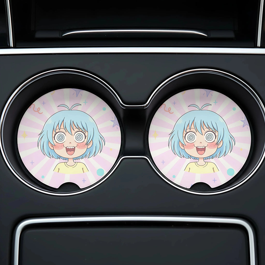 Spiraled Eyes Anime Girl Car Coasters Set - Road Muse