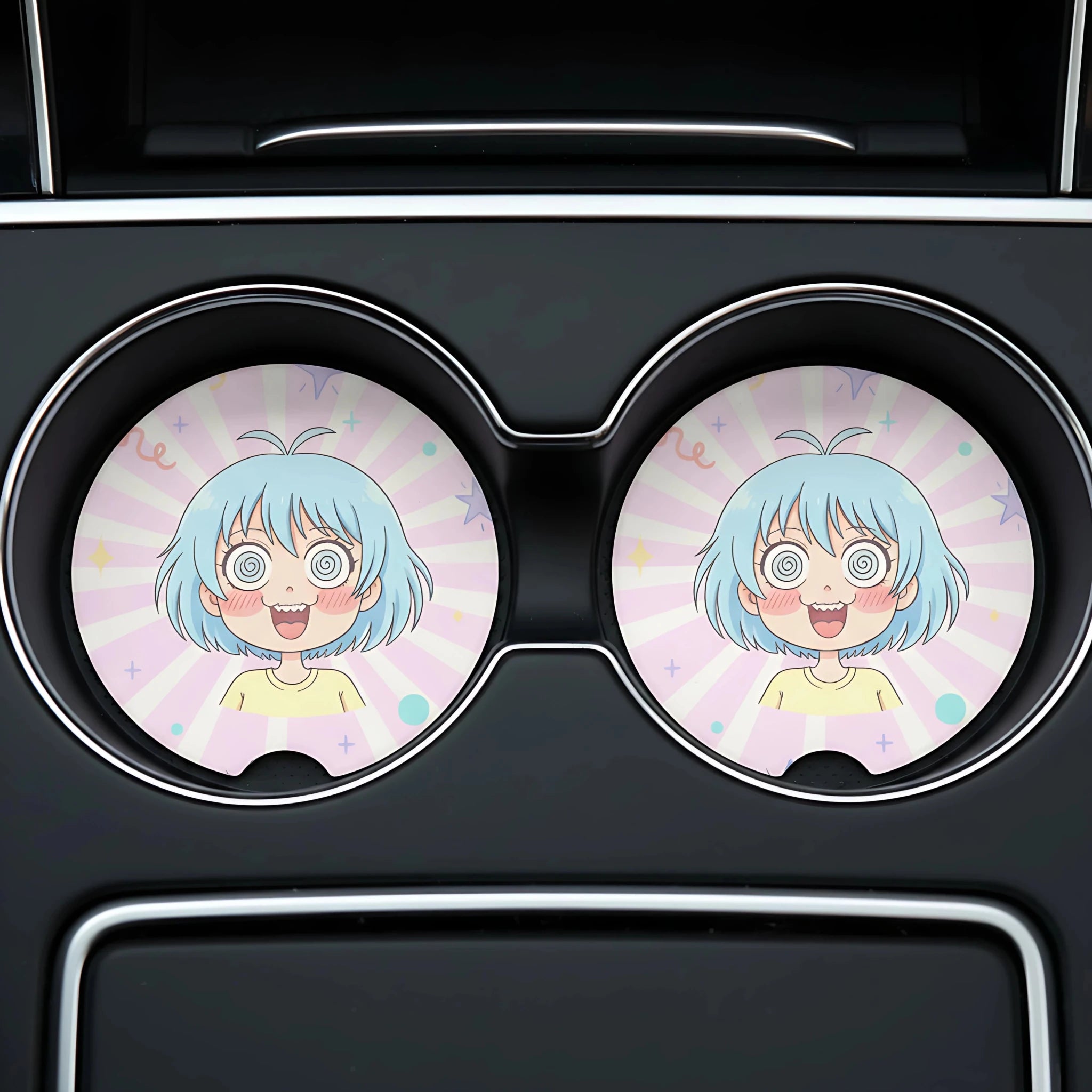 Spiraled Eyes Anime Girl Car Coasters Set - Road Muse