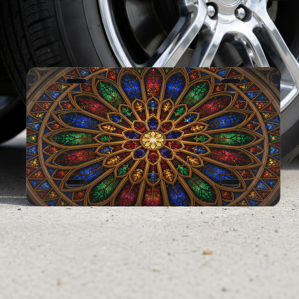 Stained Glass Rose Window Cathedral Vanity Plate - Road Muse
