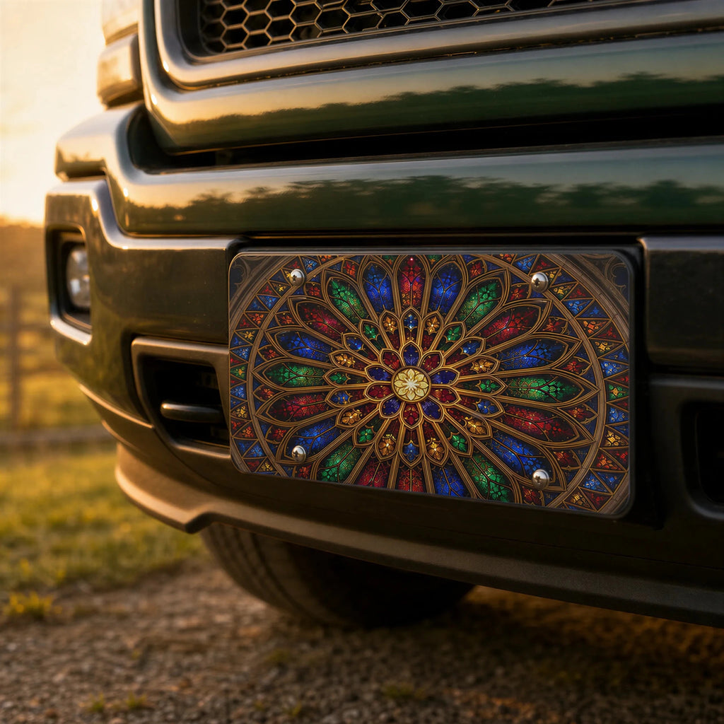 Stained Glass Rose Window Cathedral Vanity Plate - Road Muse