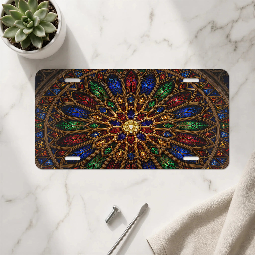 Stained Glass Rose Window Cathedral Vanity Plate - Road Muse