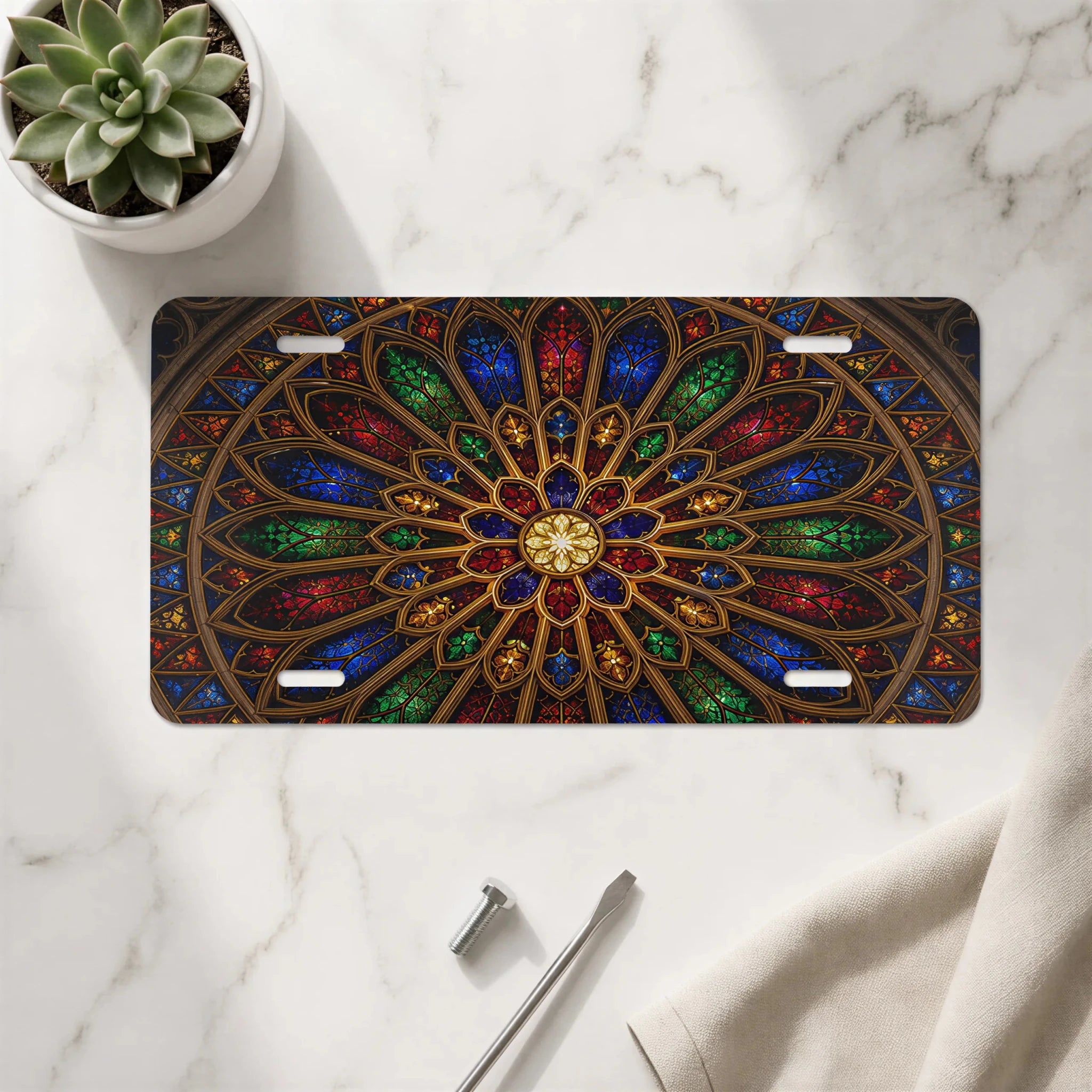 Stained Glass Rose Window Cathedral Vanity Plate - Road Muse